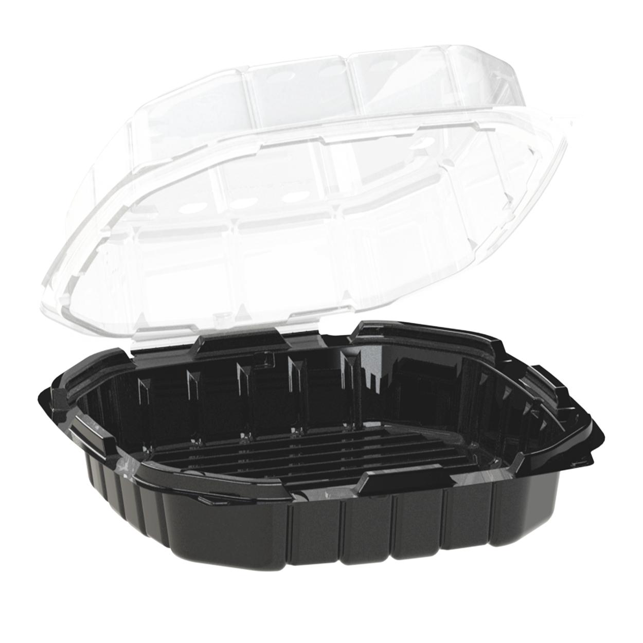 Crisp Food Technologies® Take-Out Container Hinged With Dome Lid 9X9 IN PP Black Clear Square Anti-Fog 100/Case