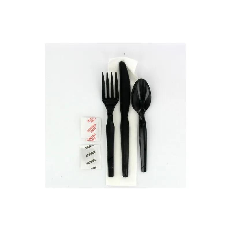 WNA 6PC Cutlery Kit PS Black With 1PLY 15X13.5 Napkin,Fork,Knife,Spoon,Salt & Pepper 250/Case