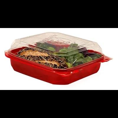 The BOTTLEBOX ® Take-Out Container Hinged With Dome Lid 8.6X6.6X2.88 IN RPET Red Clear Rectangle Long 250/Case