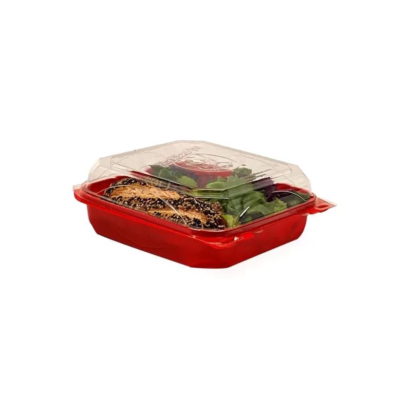 The BOTTLEBOX ® Take-Out Container Hinged With Dome Lid 8.6X6.6X2.88 IN RPET Red Clear Rectangle Long 250/Case