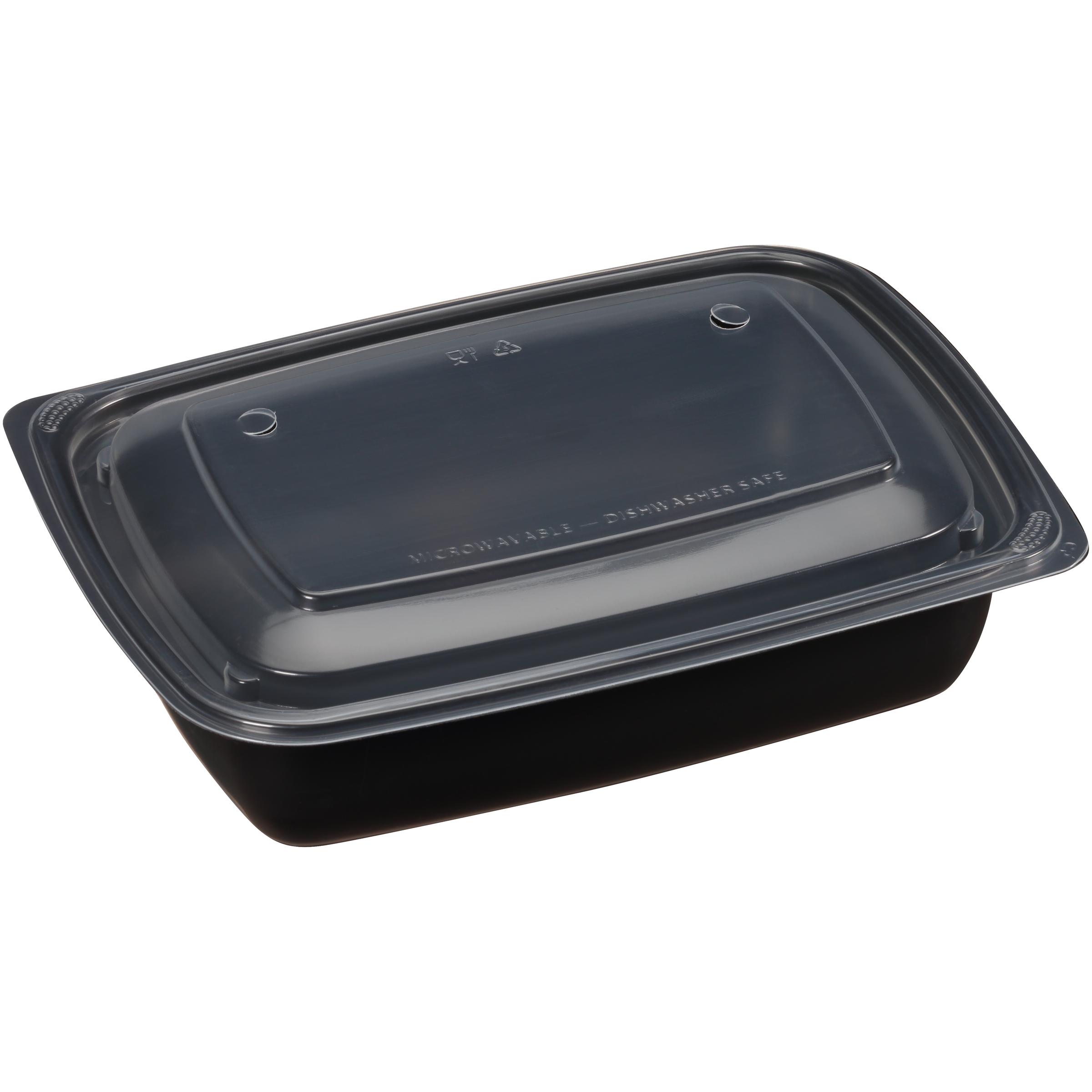 Take-Out Container Base & Lid Combo With Dome Lid Medium (MED) 30 OZ PP Black Clear Rectangle 150/Case