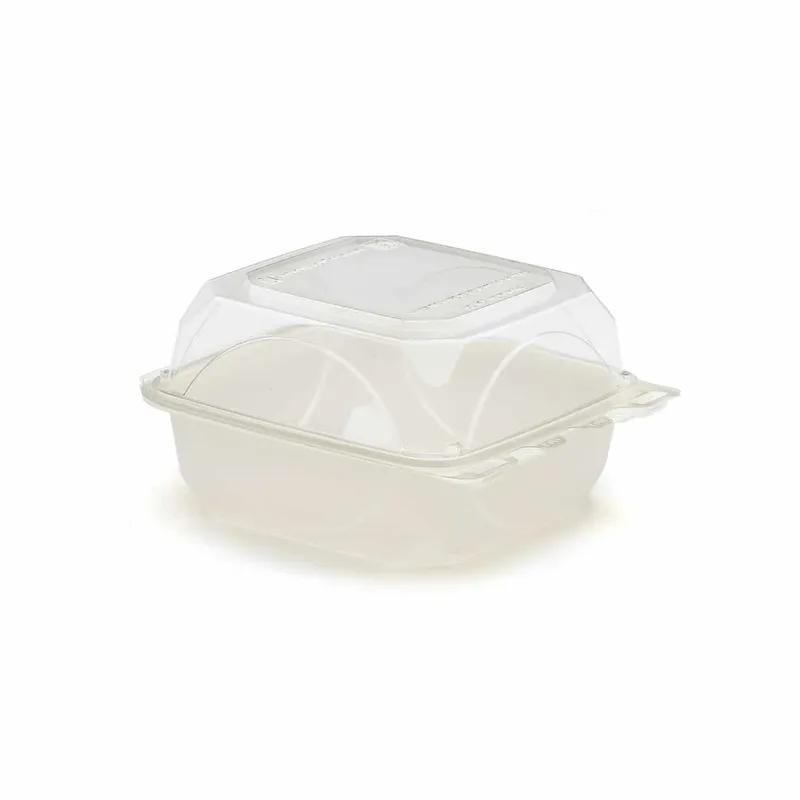 The BOTTLEBOX ® Take-Out Container Hinged With Dome Lid 6X6X3.25 IN RPET Pearl White Clear Square Squat 250/Case