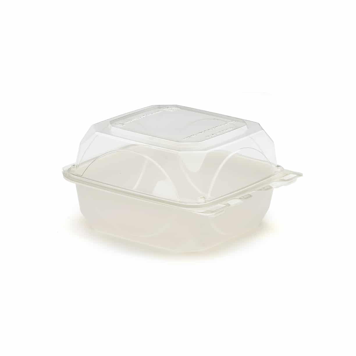The BOTTLEBOX ® Take-Out Container Hinged With Dome Lid 6X6X3.25 IN RPET Pearl White Clear Square Squat 250/Case