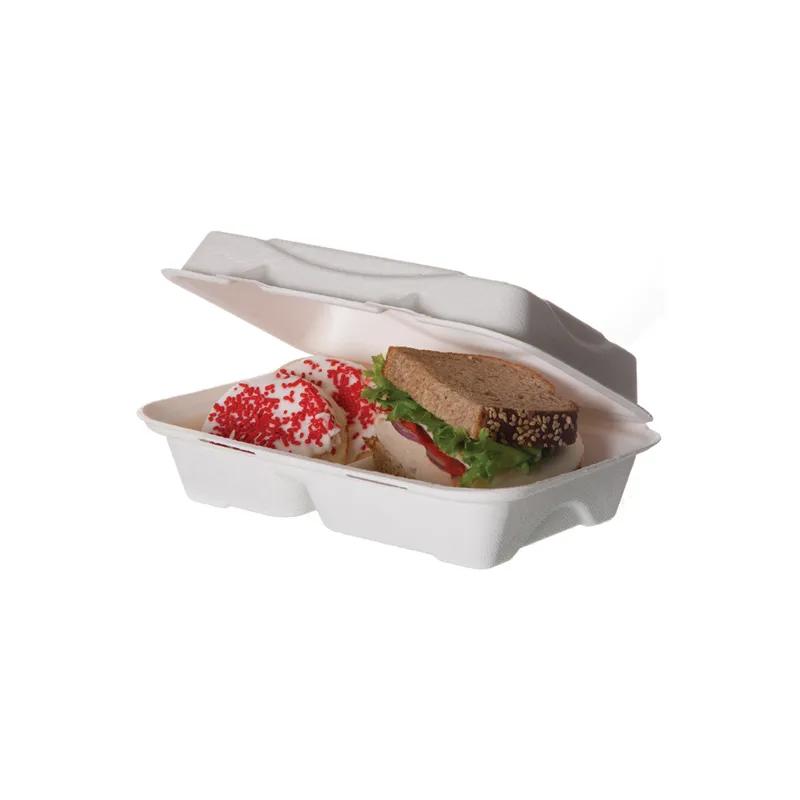 Take-Out Container Hinged 9X6X3 IN 2 Compartment Sugarcane White Rectangle 250/Case
