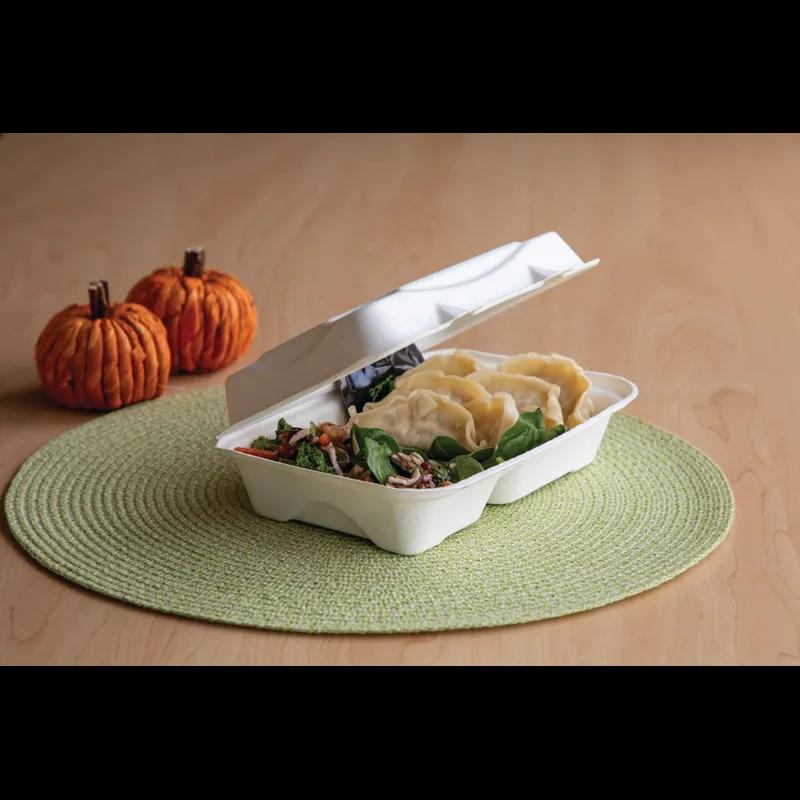 Take-Out Container Hinged 9X6X3 IN 2 Compartment Sugarcane White Rectangle 250/Case