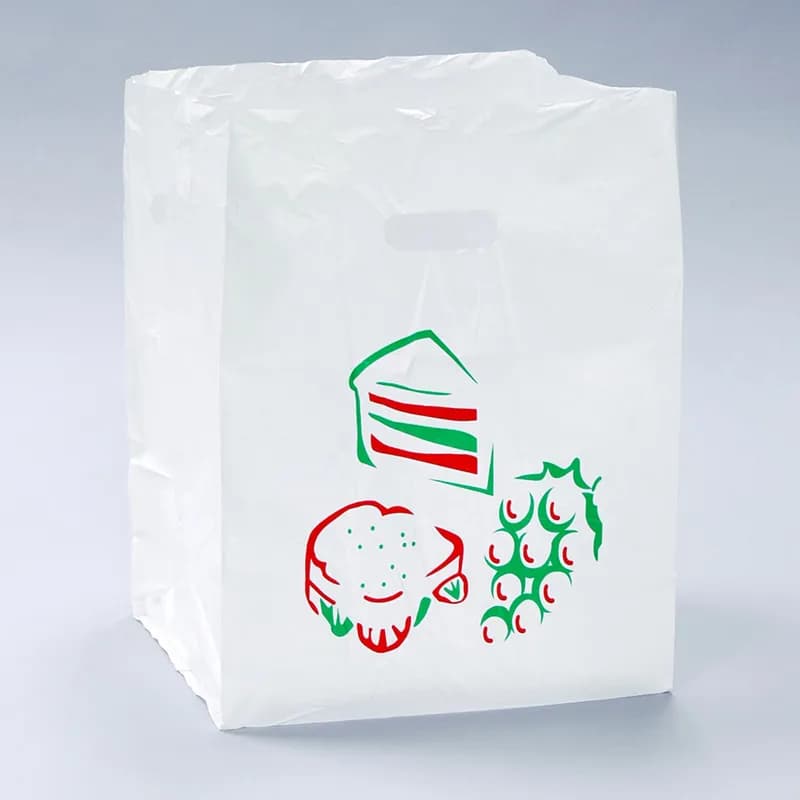 Take-Out Bag 12X10X16 IN HDPE 1.75MIL White Printed With Die Cut Handle Closure Gusset 500/Case