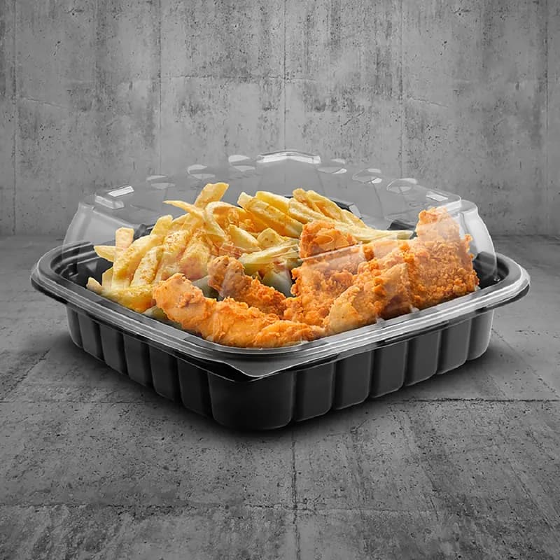 Crisp Food Technologies® Take-Out Container Base 8.46X8.46X1.67 IN PP Black Square Microwave Safe Anti-Fog 270/Case