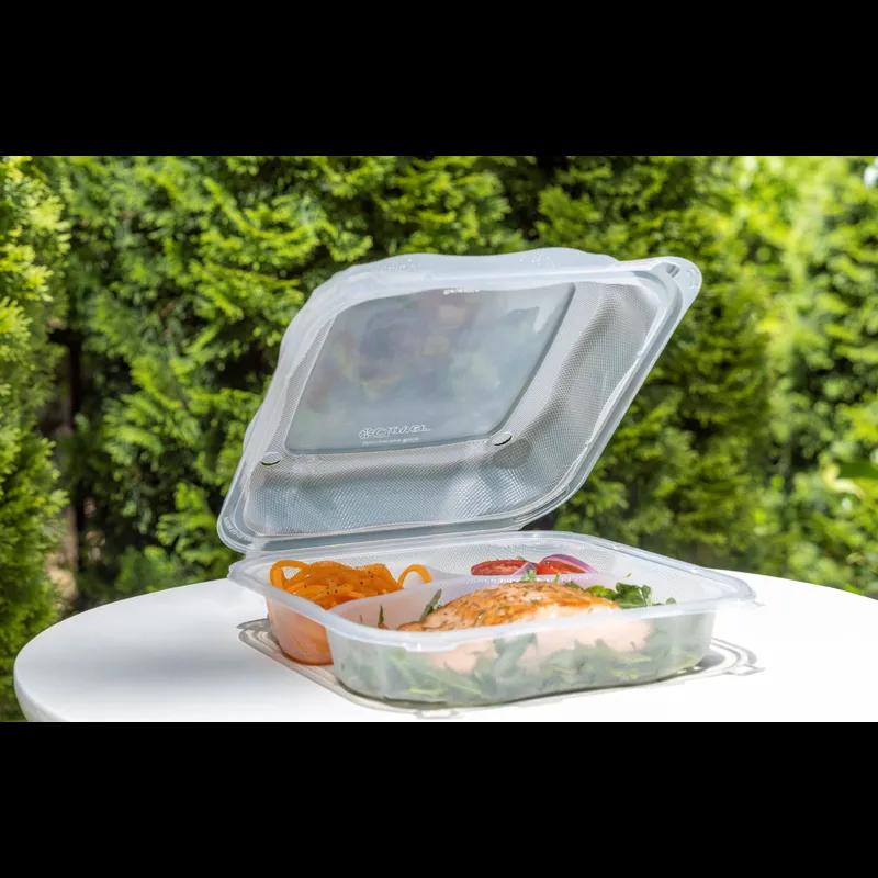 Clover Take-Out Container Hinged XL 9.23X9.23X3 IN 3 Compartment PP Clear Square 150/Case