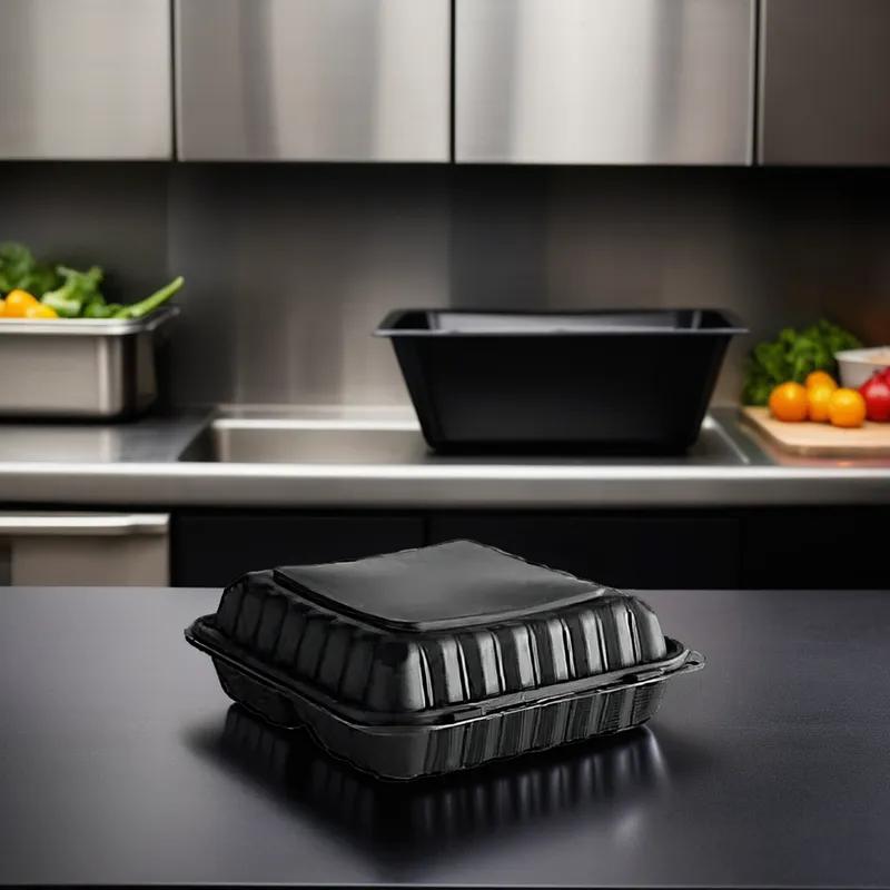 Regal Take-Out Container Hinged 9.5X9.25X3.75 IN Polystyrene Foam Black Square Vented Grease Resistant 200/Case