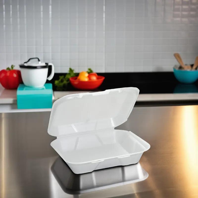 Take-Out Container Hinged With Dome Lid 8.44X7.63X2.38 IN Polystyrene Foam White Rectangle 200/Case