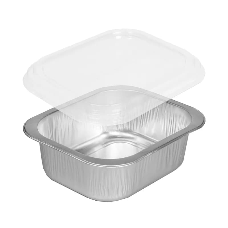 Take-Out Container Base & Lid Combo With Dome Lid 20 OZ Aluminum Plastic Silver Clear Rectangle 150/Case