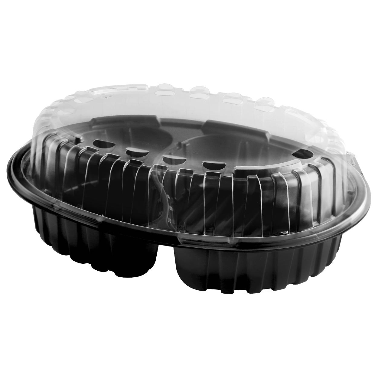 Crisp Food Technologies® Take-Out Container Base & Lid Combo 26-16 OZ PP Black Oval Microwave Safe Anti-Fog 126/Case