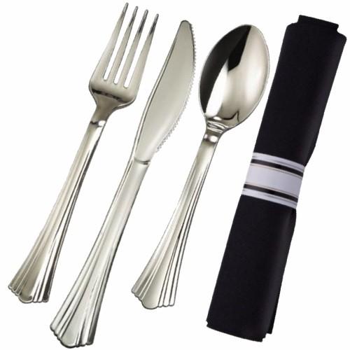 WNA Cutlery Kit Black Pre-Rolled With Black Napkin 120/Case
