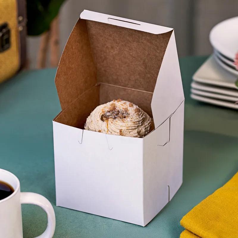 Bakery Box 4.5X4.5X4.5 IN Clay-Coated Kraft Board White Kraft Square Lock Corner 200/Case