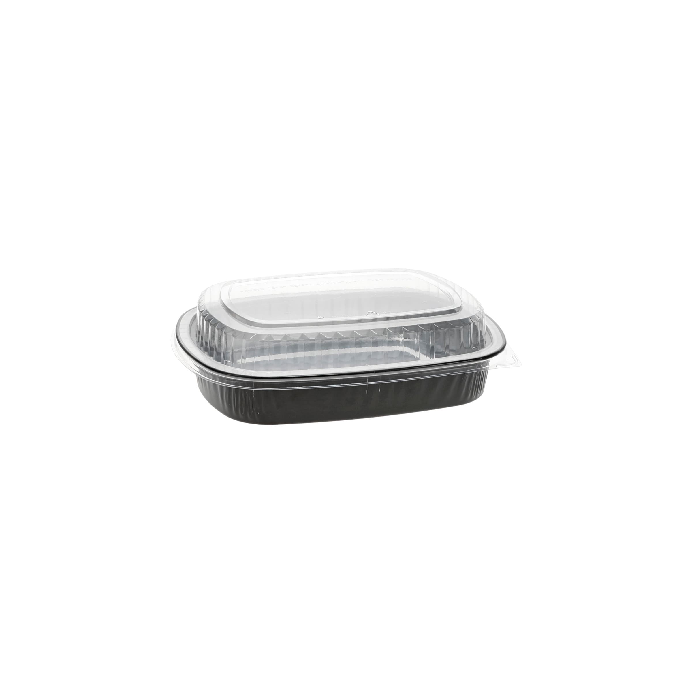 Take-Out Container Base & Lid Combo With Dome Lid Small (SM) 46 OZ Aluminum OPS Black Silver Clear Oblong 50/Case