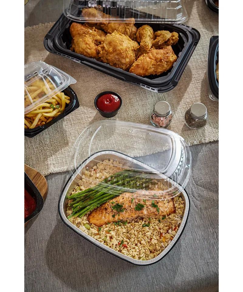 Take-Out Container Base & Lid Combo With Dome Lid Small (SM) 46 OZ Aluminum OPS Black Silver Clear Oblong 50/Case