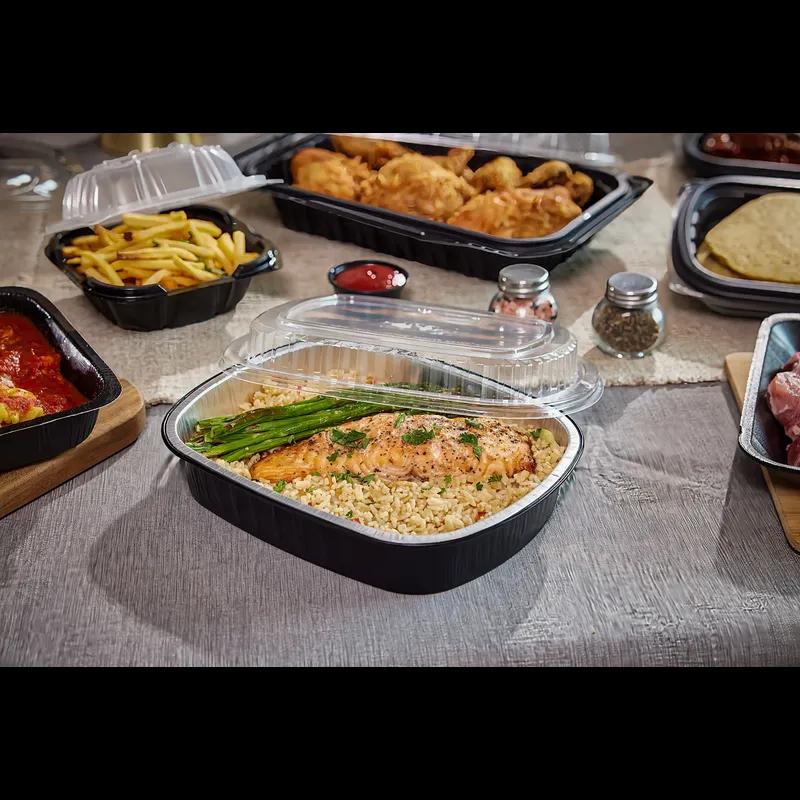 Take-Out Container Base & Lid Combo With Dome Lid Small (SM) 46 OZ Aluminum OPS Black Silver Clear Oblong 50/Case
