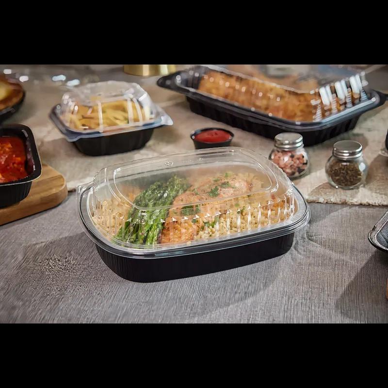 Take-Out Container Base & Lid Combo With Dome Lid Small (SM) 46 OZ Aluminum OPS Black Silver Clear Oblong 50/Case
