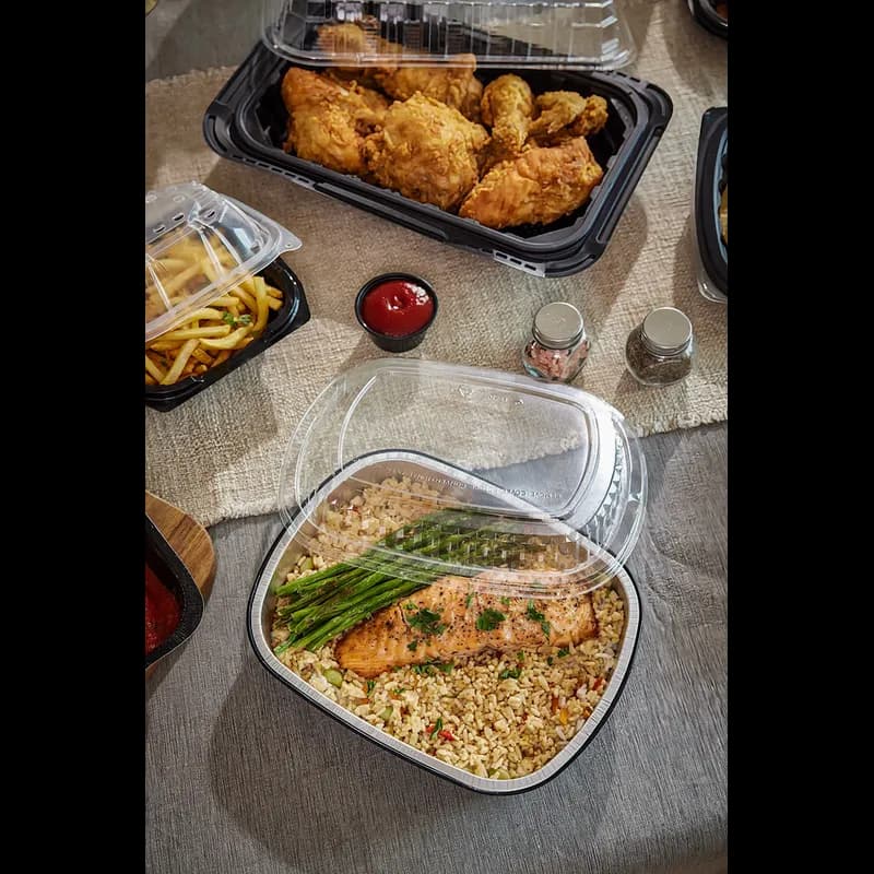 Take-Out Container Base & Lid Combo With Dome Lid Small (SM) 46 OZ Aluminum OPS Black Silver Clear Oblong 50/Case