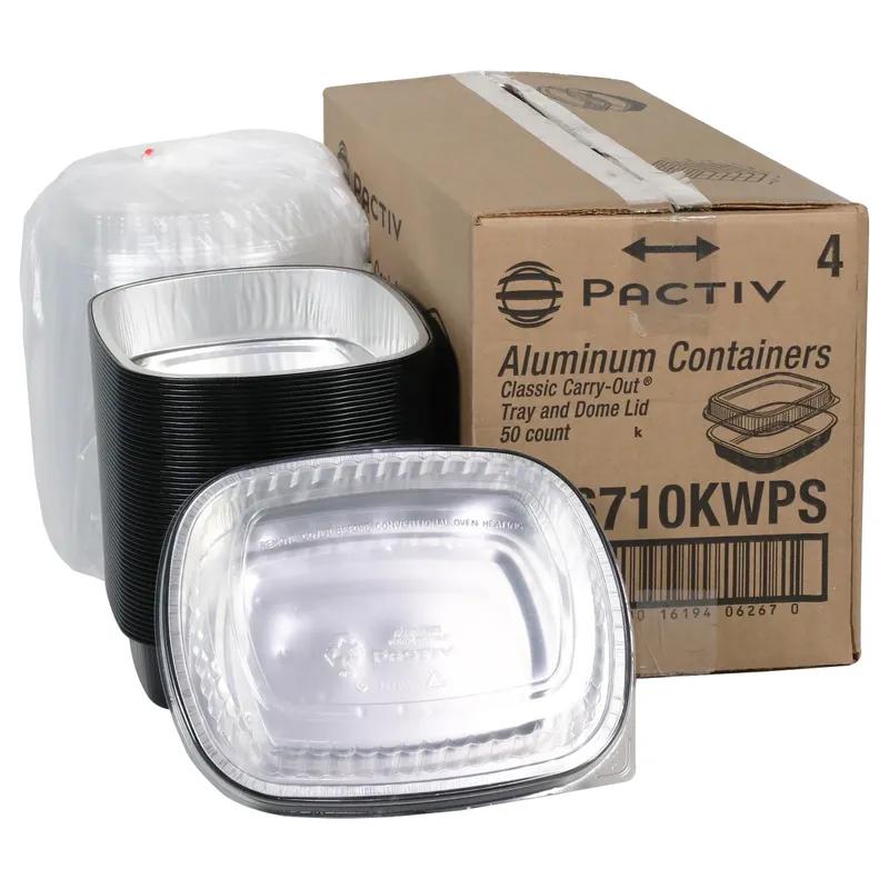 Take-Out Container Base & Lid Combo With Dome Lid Small (SM) 46 OZ Aluminum OPS Black Silver Clear Oblong 50/Case