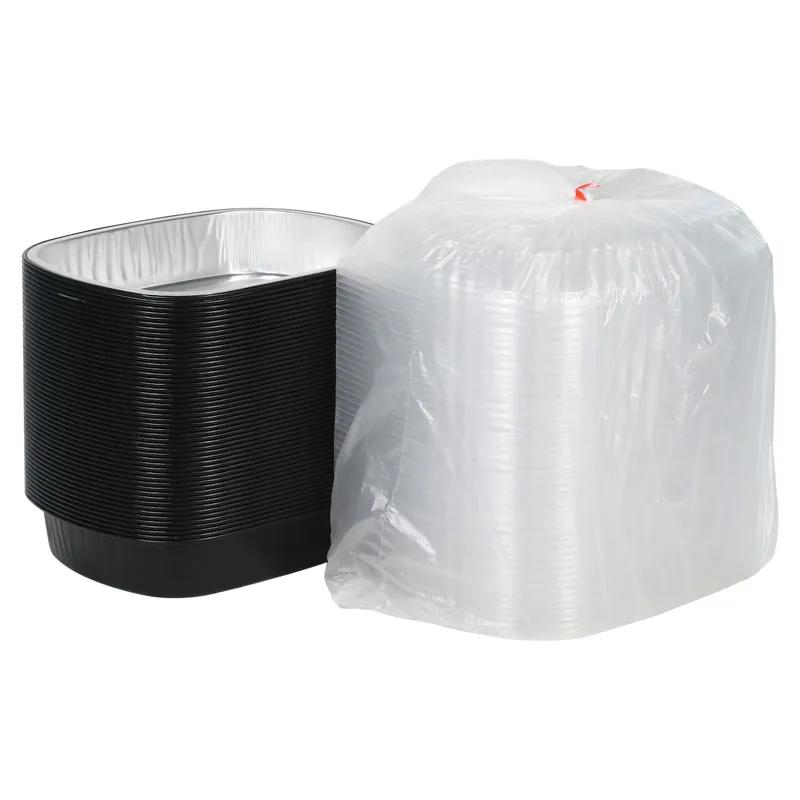 Take-Out Container Base & Lid Combo With Dome Lid Small (SM) 46 OZ Aluminum OPS Black Silver Clear Oblong 50/Case