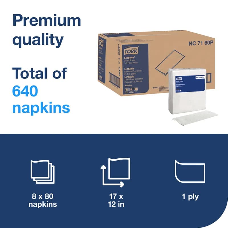 Tork LinStyle® Folded Guest Towel 17X12 IN 8.5X4 IN Virgin Paper White 1/6 Fold Refill 80 Count/Pack 8 Packs/Case