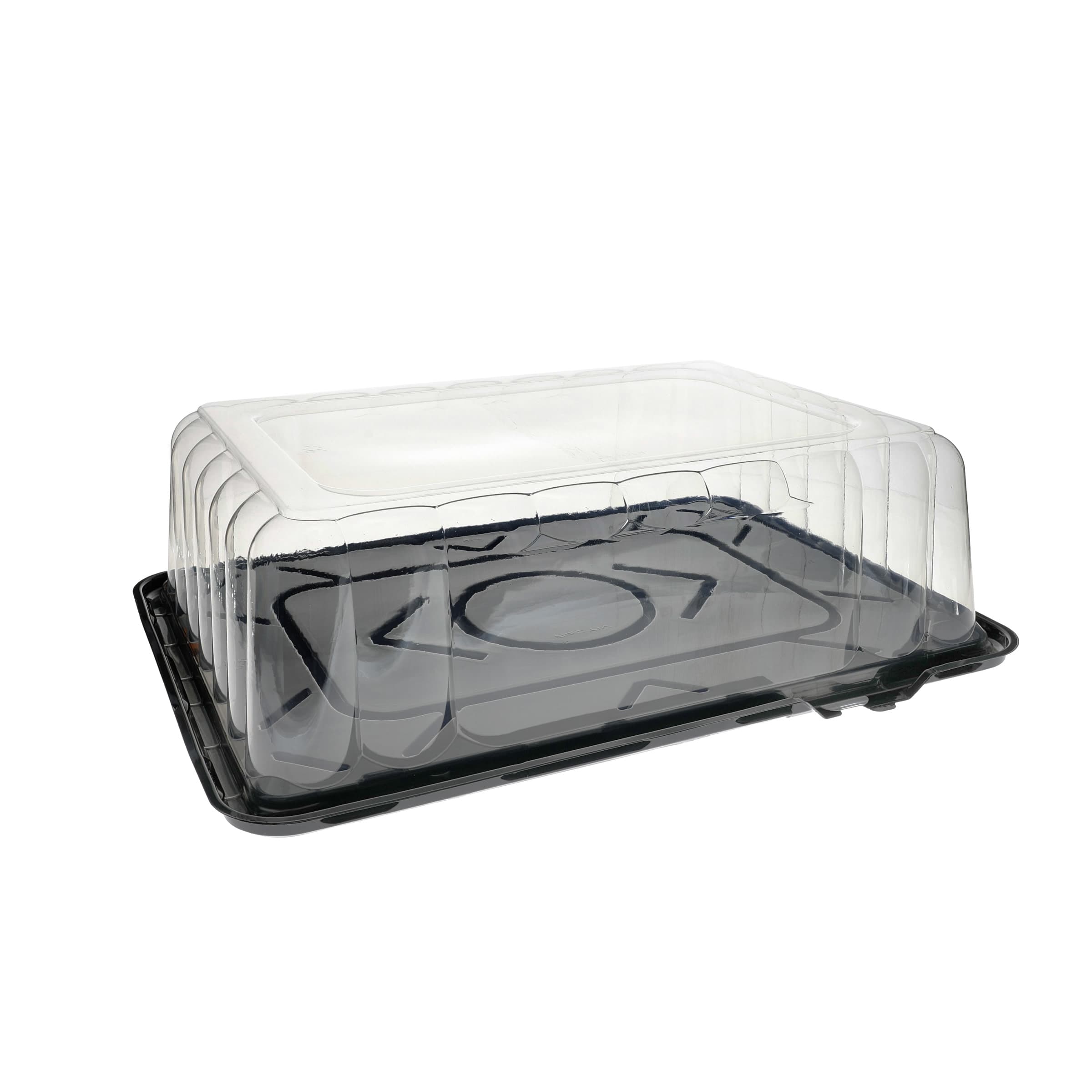 RoseDome Cake Container & Lid Combo With Dome Lid 1/4 Size 15X11X4.25 IN PET Black Clear Rectangle Long Tab 50/Case