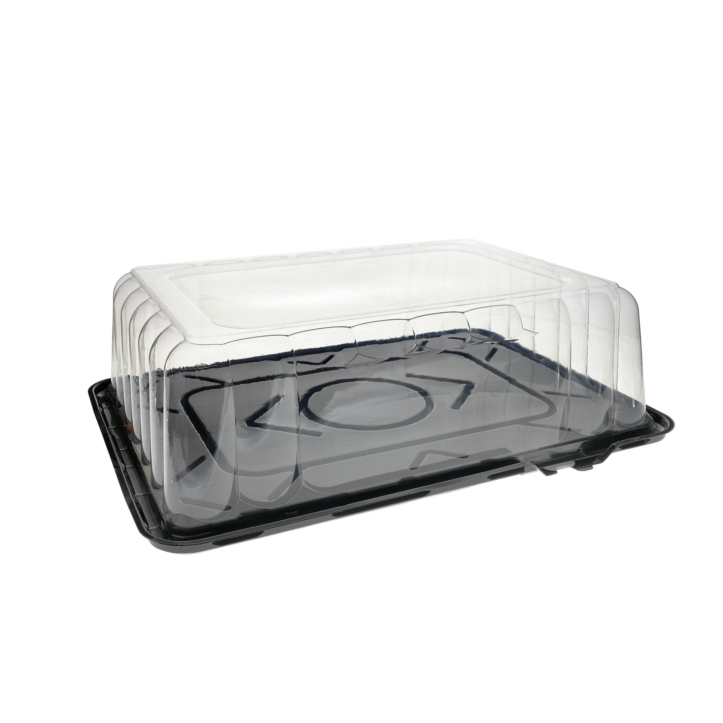 RoseDome Cake Container & Lid Combo With Dome Lid 1/4 Size 15X11X4.25 IN PET Black Clear Rectangle Long Tab 50/Case