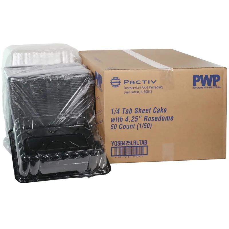 RoseDome Cake Container & Lid Combo With Dome Lid 1/4 Size 15X11X4.25 IN PET Black Clear Rectangle Long Tab 50/Case