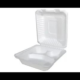 ChampWare Take-Out Container Hinged With Dome Lid 8X8 IN 3 Compartment Sugarcane White Square 200/Case
