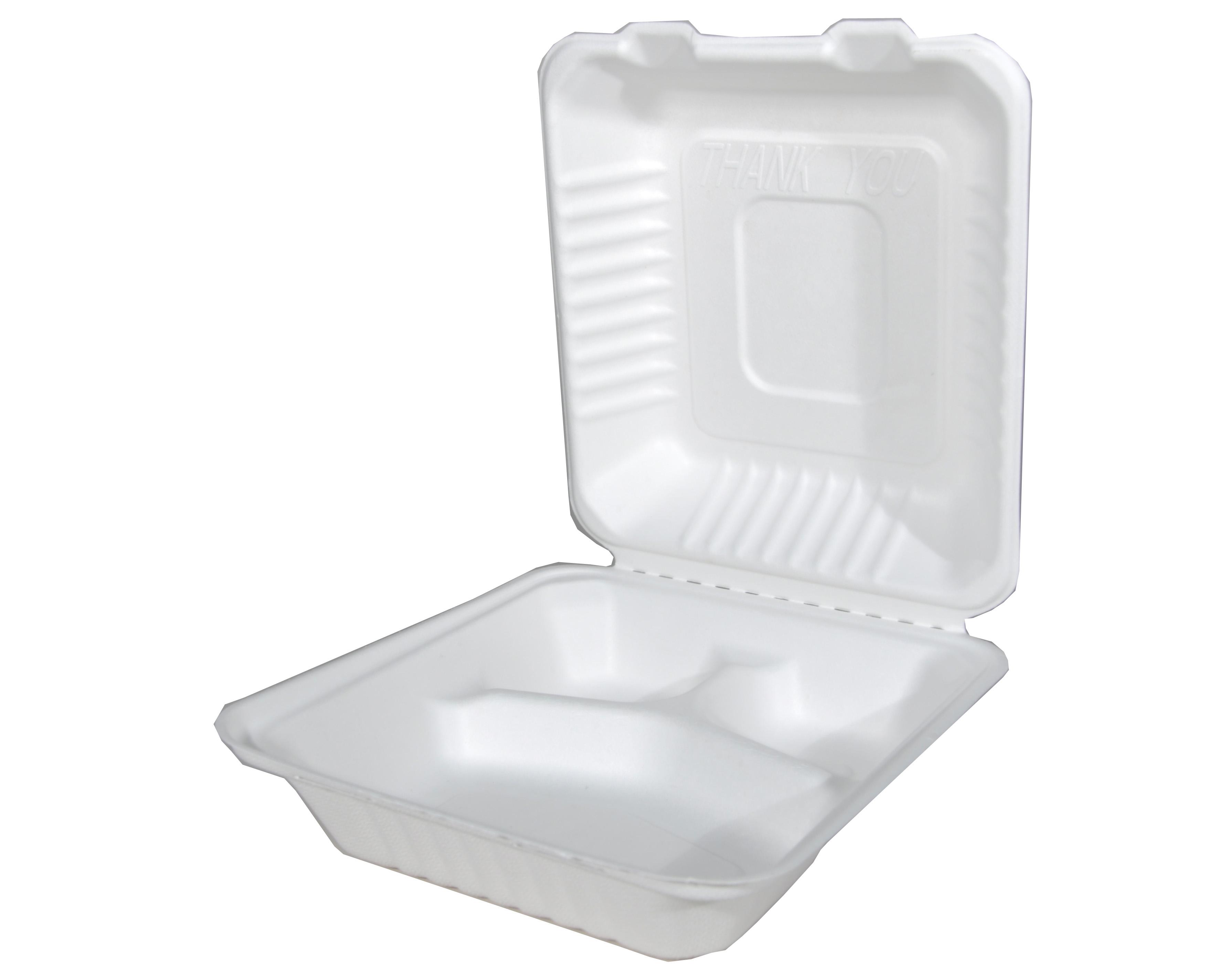 ChampWare Take-Out Container Hinged With Dome Lid 8X8 IN 3 Compartment Sugarcane White Square 200/Case
