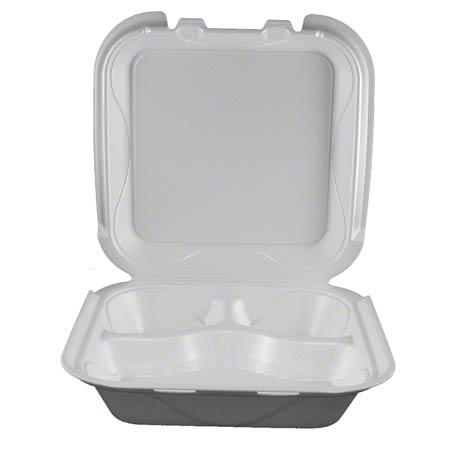 resq® SelloPlus® Take-Out Container Hinged With Dome Lid 8X7.5X2.25 IN 3 Compartment Polystyrene Foam White 200/Case