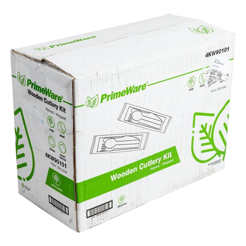 PrimeWare® 4PC Cutlery Kit Wood Individually Wrapped With Kraft 13X13 Napkin,Fork,Knife,Spoon 250 Count/Case