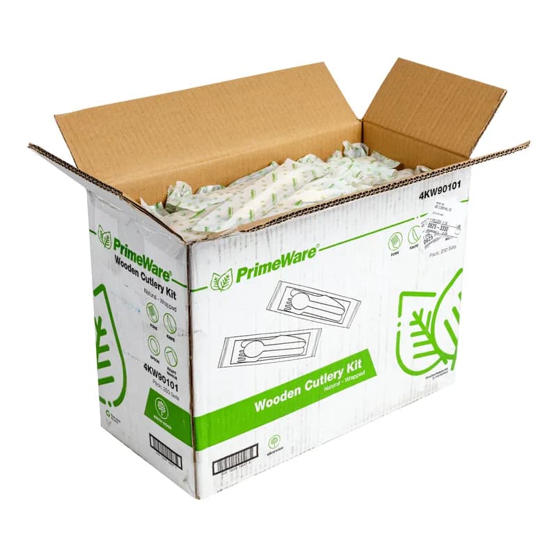 PrimeWare® 4PC Cutlery Kit Wood Individually Wrapped With Kraft 13X13 Napkin,Fork,Knife,Spoon 250 Count/Case