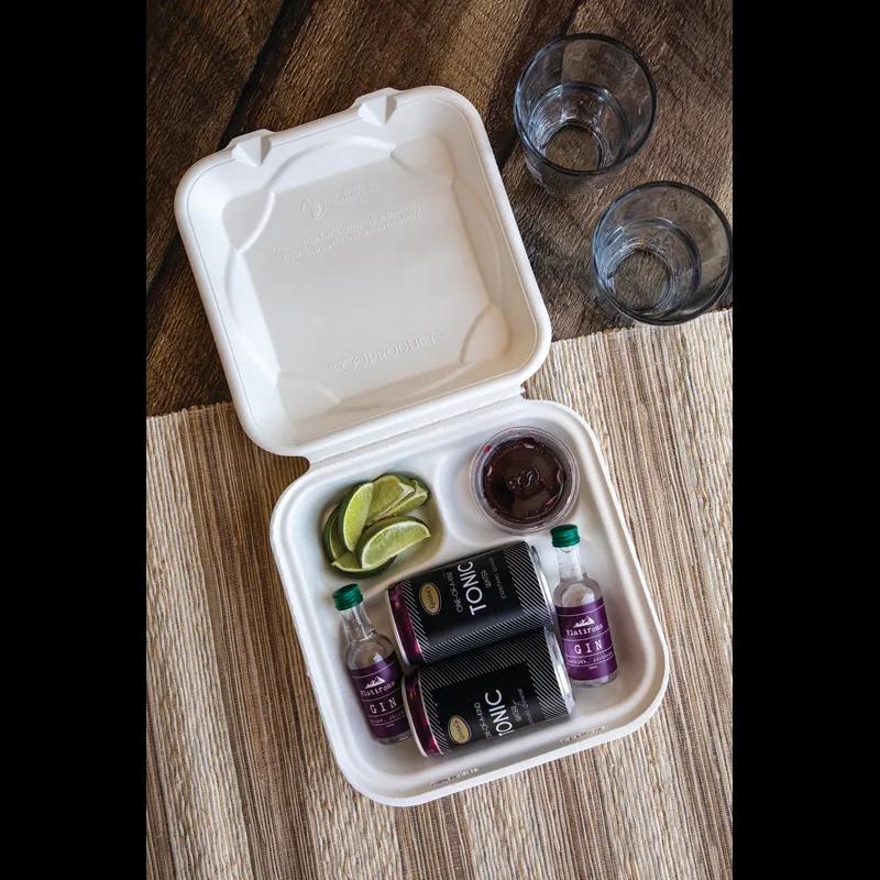 Take-Out Container Hinged 9X9X3 IN 3 Compartment Sugarcane White Square 200/Case