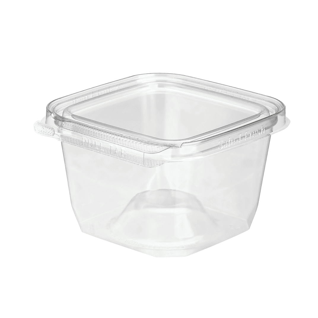 Safe-T-Fresh® Deli Container Hinged With Flat Lid 16 OZ RPET Clear Square 276/Case