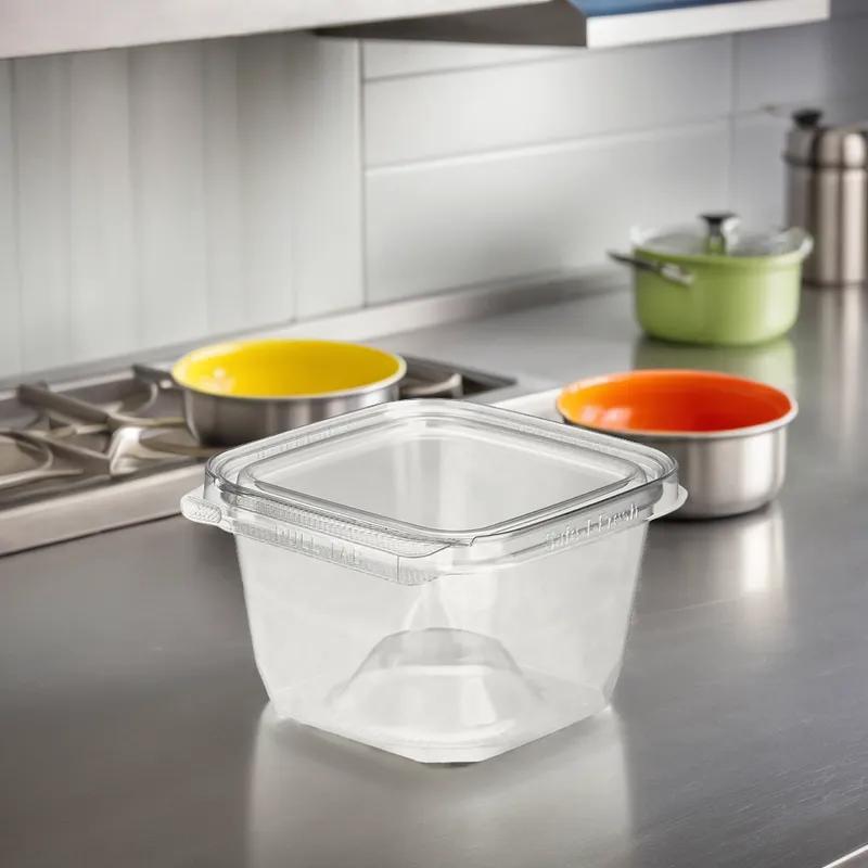 Safe-T-Fresh® Deli Container Hinged With Flat Lid 16 OZ RPET Clear Square 276/Case