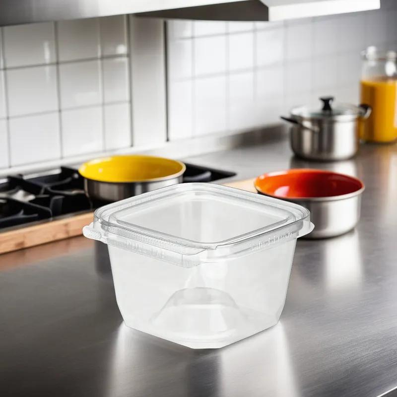 Safe-T-Fresh® Deli Container Hinged With Flat Lid 16 OZ RPET Clear Square 276/Case