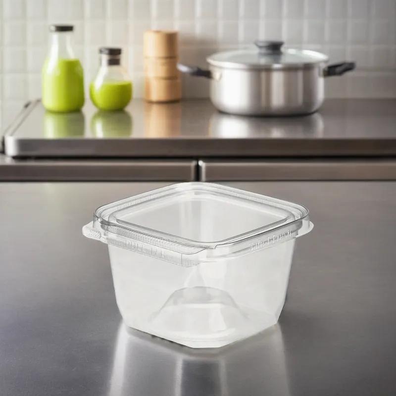 Safe-T-Fresh® Deli Container Hinged With Flat Lid 16 OZ RPET Clear Square 276/Case