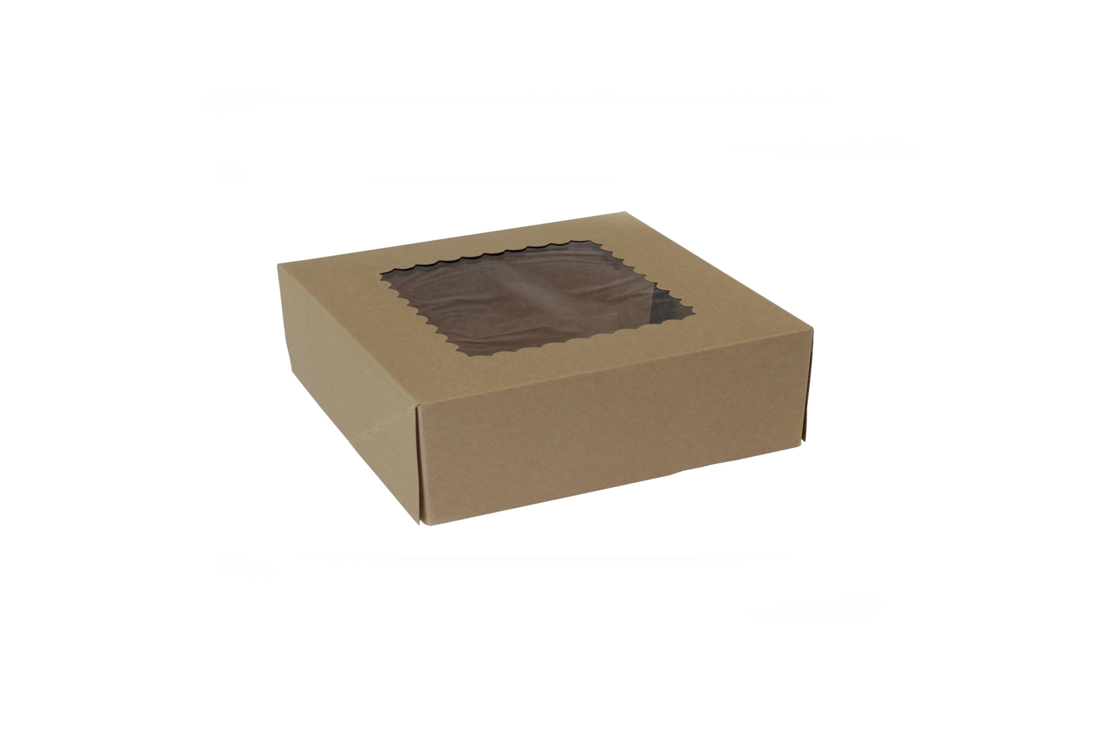 Bakery Box 8X8X2.5 IN Paperboard Kraft 4 Corner 1-Piece Automatic With Window 250/Case