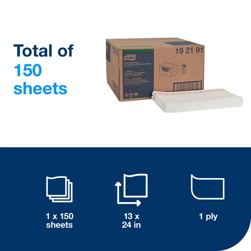 Tork Food Service Cleaning Towel 13X24 IN White 1/4 Fold Odor Resistant Self Dispensing 150 Count/Pack 1 Packs/Case