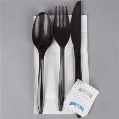 6PC Cutlery Kit PS Black Extra Heavy Duty With Napkin,Fork,Knife,Salt & Pepper,Spoon 250/Case