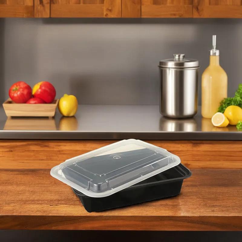 Take-Out Container Base & Lid Combo 38 OZ Plastic Black Rectangle 150/Case