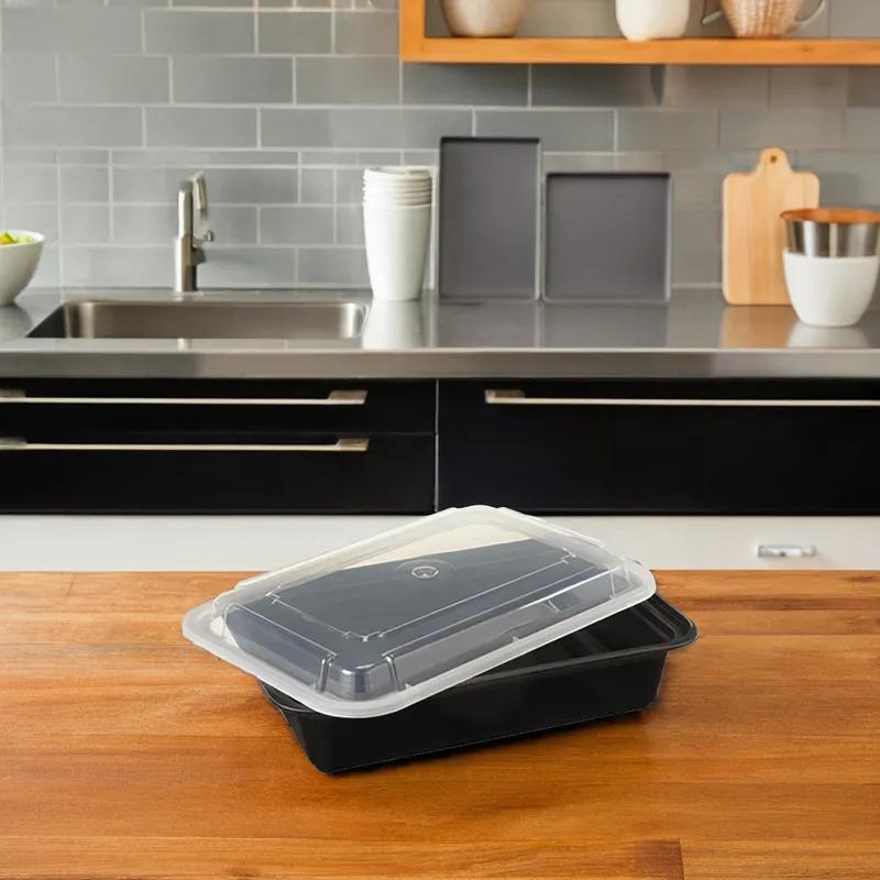 Take-Out Container Base & Lid Combo 38 OZ Plastic Black Rectangle 150/Case