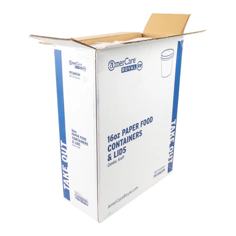 Food Container Base & Lid Combo With Flat Lid 16 OZ Double Wall Poly-Coated Paper Kraft Round 250 Count/Case