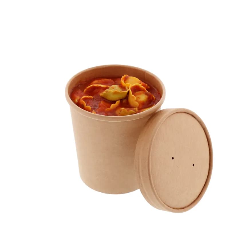 Food Container Base & Lid Combo With Flat Lid 16 OZ Double Wall Poly-Coated Paper Kraft Round 250 Count/Case