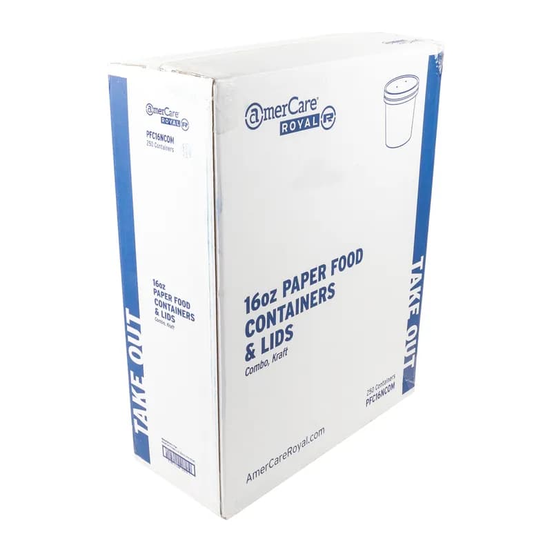 Food Container Base & Lid Combo With Flat Lid 16 OZ Double Wall Poly-Coated Paper Kraft Round 250 Count/Case
