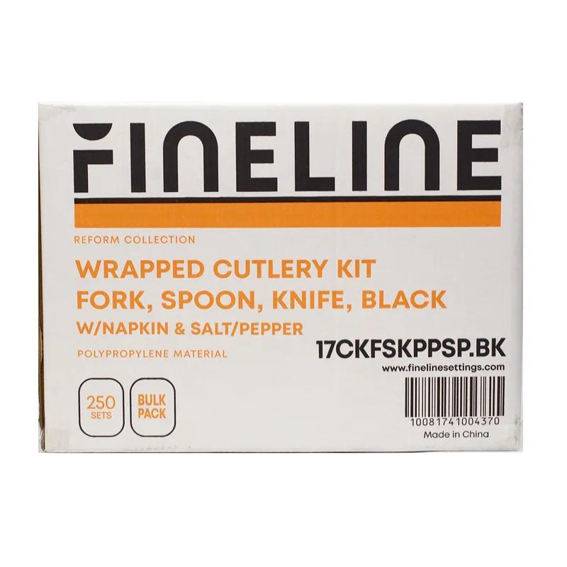 6PC Cutlery Kit Plastic Black With Napkin,Fork,Knife,Salt & Pepper,Teaspoon 250/Case