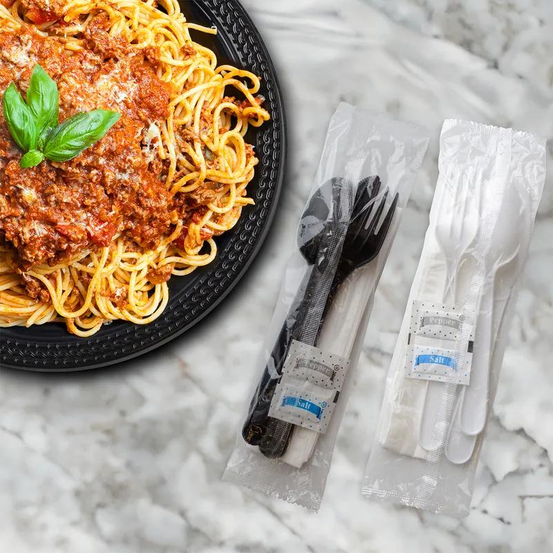 6PC Cutlery Kit Plastic Black With Napkin,Fork,Knife,Salt & Pepper,Teaspoon 250/Case