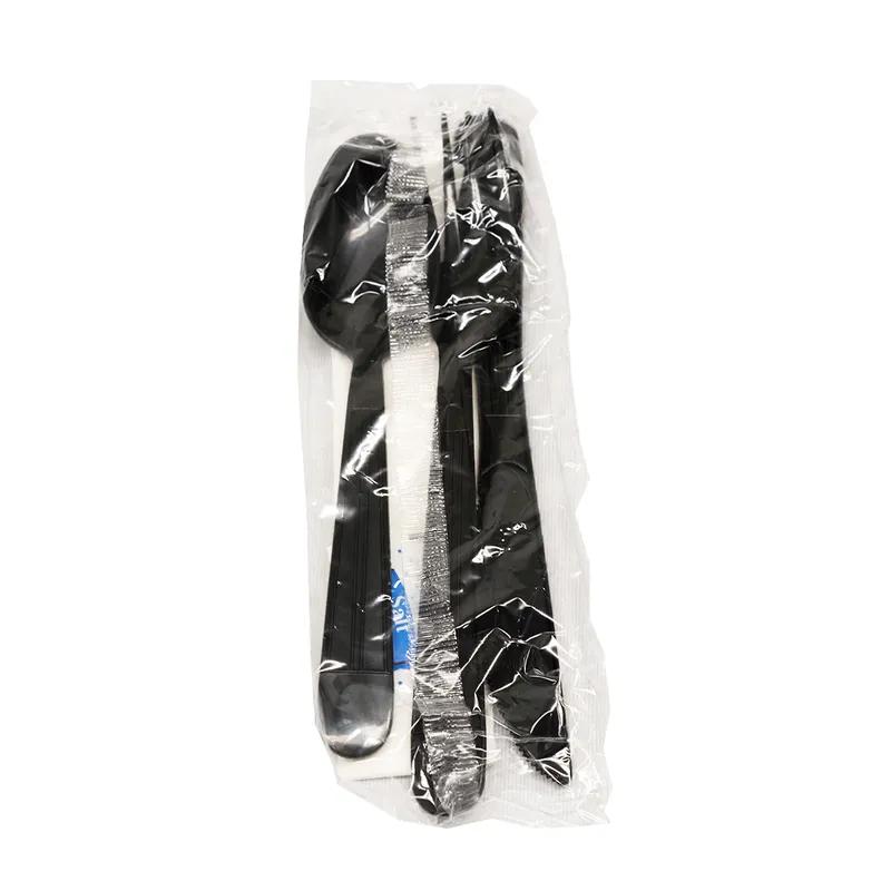 6PC Cutlery Kit Plastic Black With Napkin,Fork,Knife,Salt & Pepper,Teaspoon 250/Case